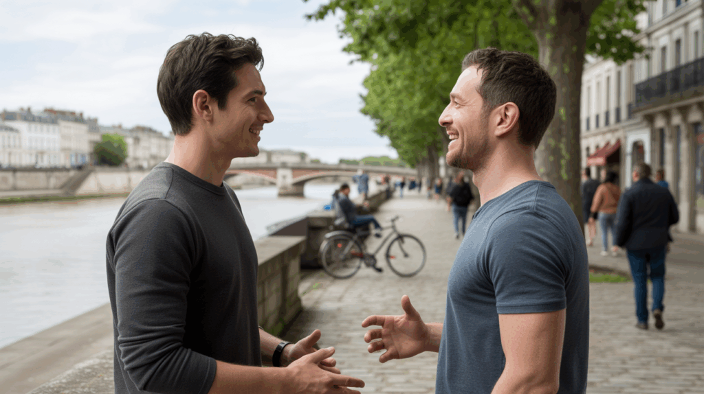 Deux hommes discutant au bord de la Loire à Orléans dans une scène naturelle et réaliste, évoquant les rencontres et événements LGBTQ+ dans le Loiret.