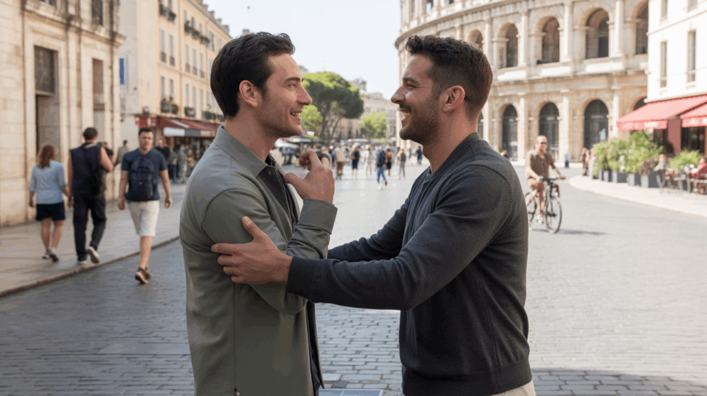 Scène réaliste à Nîmes montrant deux hommes échangeant un moment complice près des rues ensoleillées et de l’arène romaine.