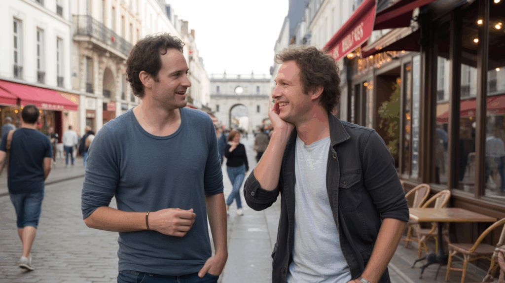 Scène réaliste en soirée à Orléans montrant deux hommes discutant près d’un lieu emblématique, dans une ambiance naturelle et conviviale.
