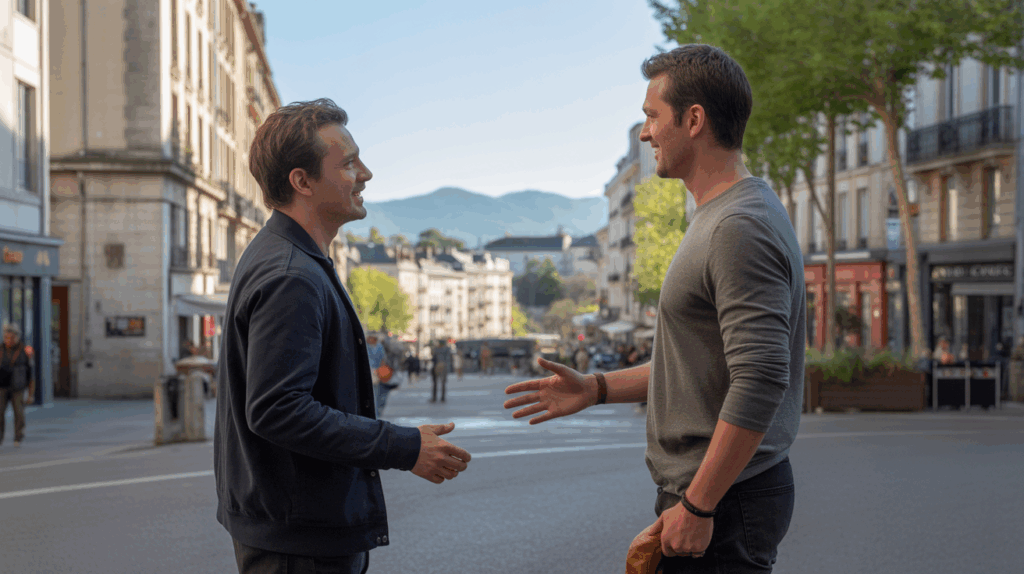 Deux hommes discutent naturellement sur le Boulevard des Pyrénées à Pau au coucher du soleil, avec les montagnes en arrière‑plan.