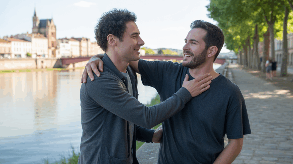Scène réaliste en extérieur à Roanne montrant deux hommes échangeant naturellement près des quais, avec l’architecture locale et une ambiance chaleureuse et authentique.