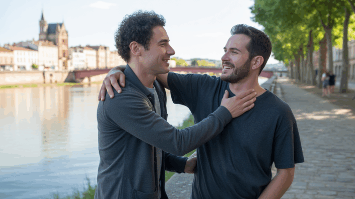 Scène réaliste en extérieur à Roanne montrant deux hommes échangeant naturellement près des quais, avec l’architecture locale et une ambiance chaleureuse et authentique.