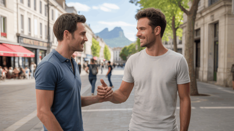 Deux hommes se rencontrant naturellement sur une place ensoleillée de Tarbes, avec l’architecture locale et les Pyrénées en arrière‑plan.