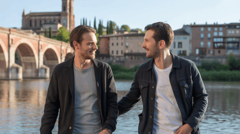 Deux hommes discutant tranquillement au bord du Tarn à Albi, avec le Pont Vieux et la cathédrale en arrière‑plan, dans une scène réaliste et chaleureuse.