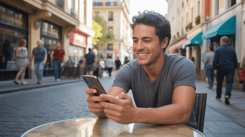 Jeune homme assis à une terrasse de café en ville tenant son smartphone avec un léger sourire, dans une ambiance réaliste et chaleureuse.