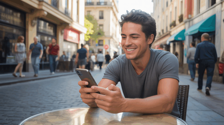 Jeune homme assis à une terrasse de café en ville tenant son smartphone avec un léger sourire, dans une ambiance réaliste et chaleureuse.
