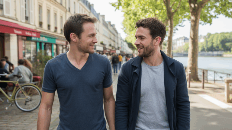 Deux hommes se promenant dans une zone naturelle et urbaine d’Île‑de‑France hors Paris, dans une scène réaliste et chaleureuse évoquant la rencontre et la convivialité.