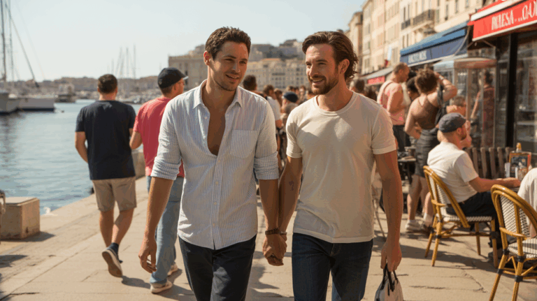 Scène réaliste au Vieux-Port de Marseille avec deux hommes marchant côte à côte dans une ambiance conviviale et gay-friendly au coucher du soleil.