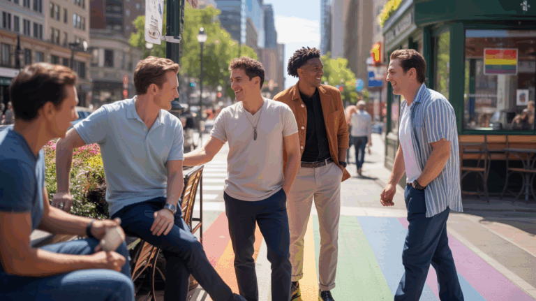 Scène urbaine réaliste et conviviale montrant des hommes adultes se rencontrant dans un lieu LGBTQ+ accueillant, avec une lumière naturelle et une ambiance chaleureuse.