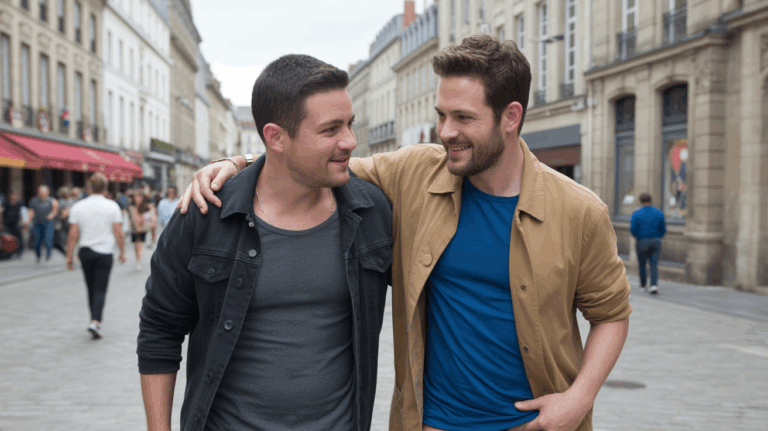 Scène réaliste de deux hommes marchant dans le centre historique de Limoges, reflétant la communauté gay locale dans une ambiance naturelle et authentique.