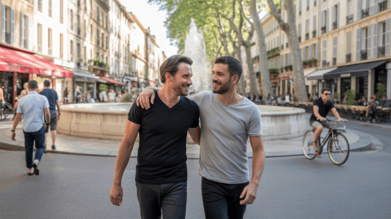 Deux hommes marchent ensemble près de la Rotonde à Aix-en-Provence dans une scène réaliste et chaleureuse illustrant la vie gay aixoise.