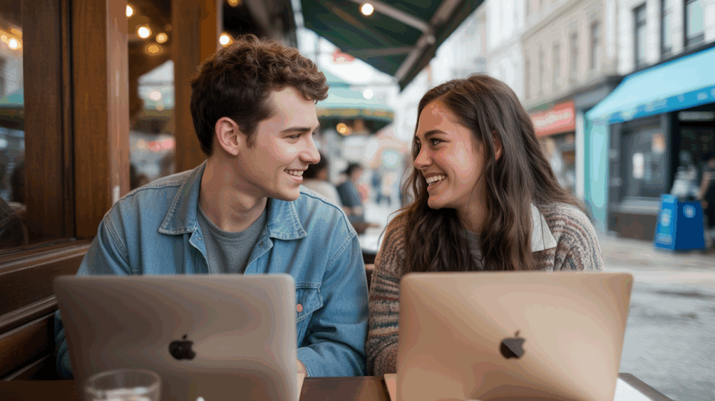 Deux amis se rencontrant dans un café réel après avoir noué une amitié en ligne, ambiance chaleureuse et naturelle.