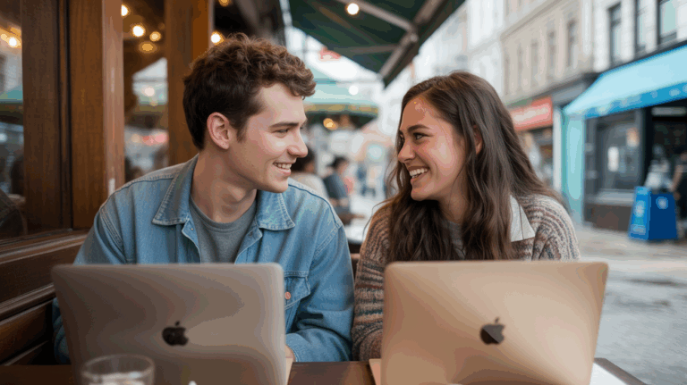 Deux amis se rencontrant dans un café réel après avoir noué une amitié en ligne, ambiance chaleureuse et naturelle.