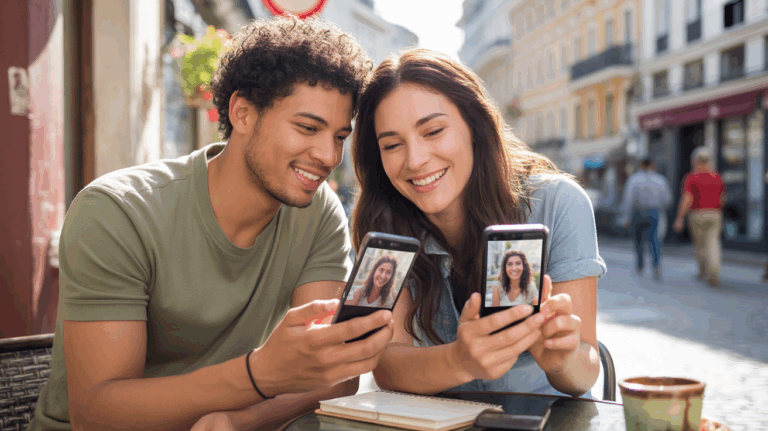 Un couple assis à une terrasse de café, montrant la transition naturelle d'une relation en ligne vers un moment réel et chaleureux.