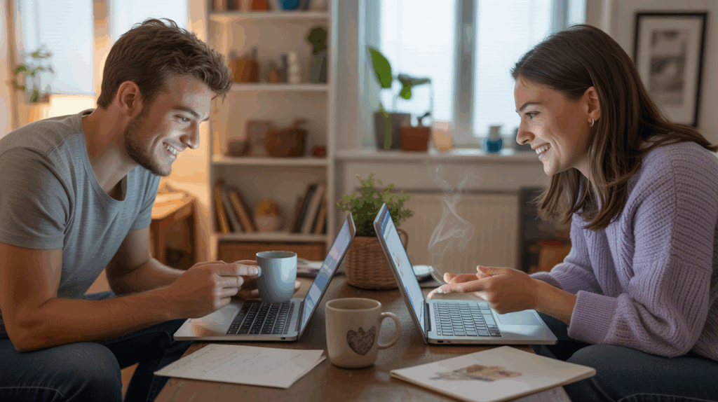 Deux personnes dans leurs environnements réels et chaleureux créent une connexion authentique en ligne, chacune entourée d’objets personnels et d’une lumière naturelle.