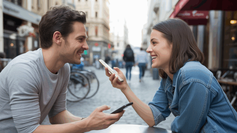 Deux personnes se rencontrant pour la première fois dans un café urbain après avoir discuté en ligne, avec une ambiance naturelle et authentique.