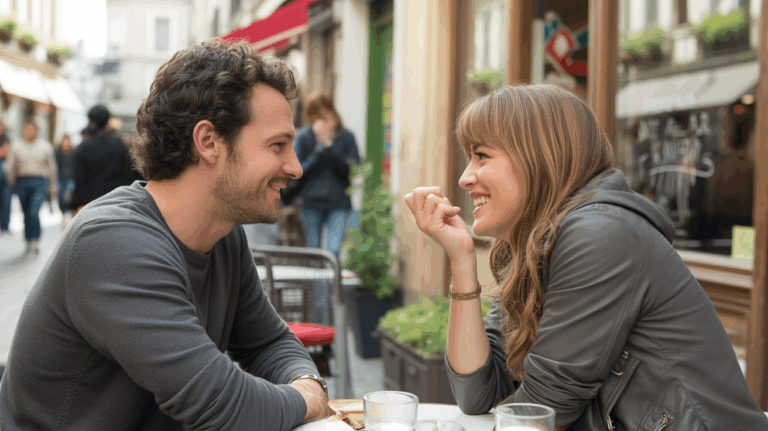 Scène authentique d’un premier rendez-vous entre deux personnes souriantes assises à une terrasse de café en ville.