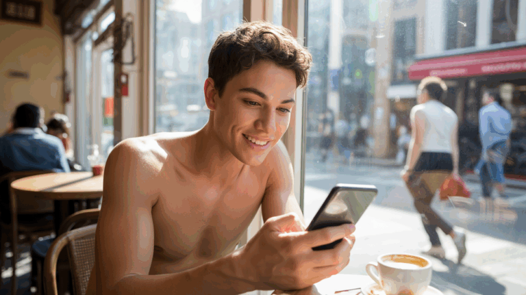 Personne dans un café lumineux ajustant son profil de site de rencontre sur un smartphone, dans une scène réaliste et naturelle.