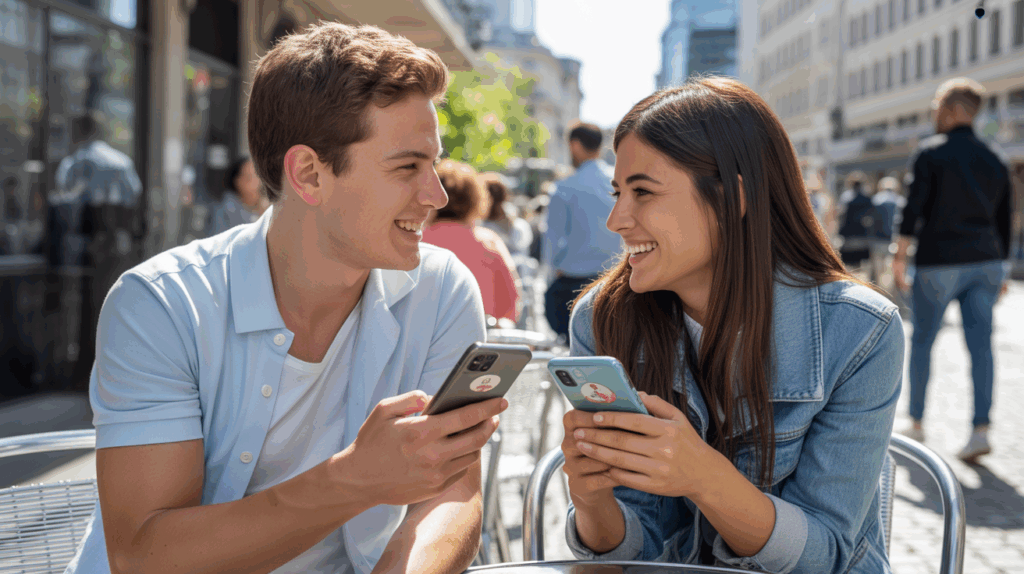 Scene réaliste d’un jeune homme et d’une jeune femme se rencontrant dans un café urbain, discutant naturellement après s’être trouvés via une application de rencontre.
