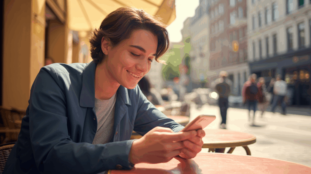 Personne assise à une terrasse de café au coucher du soleil, souriant en regardant son téléphone, avec une rue urbaine réaliste et vivante en arrière‑plan.