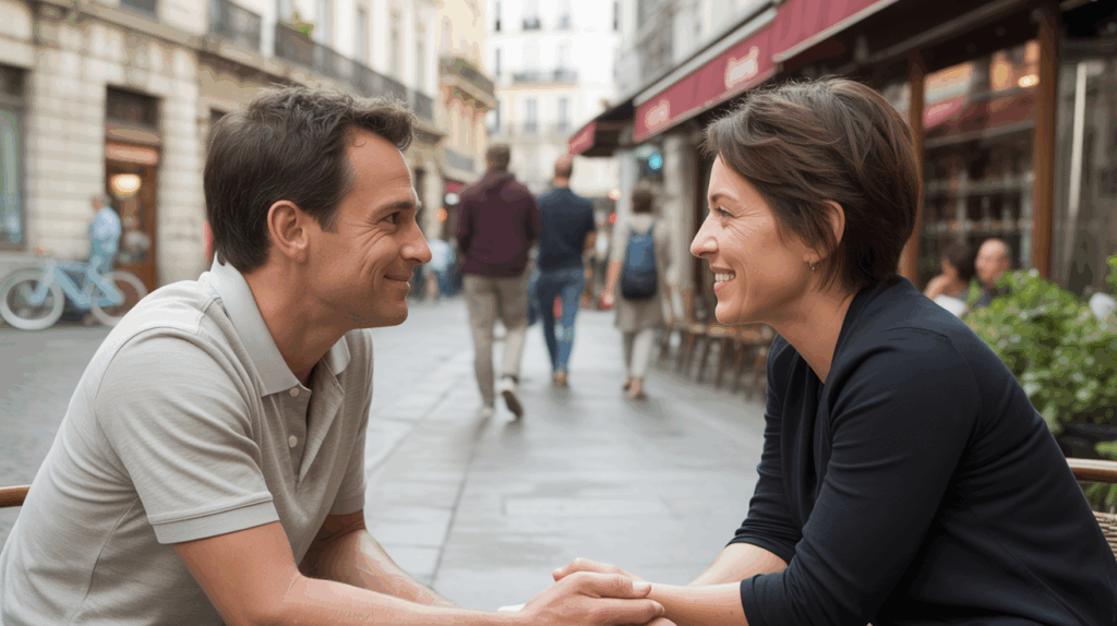 Deux personnes se rencontrent pour la première fois à la terrasse d'un café dans une rue animée, ambiance naturelle et réaliste.