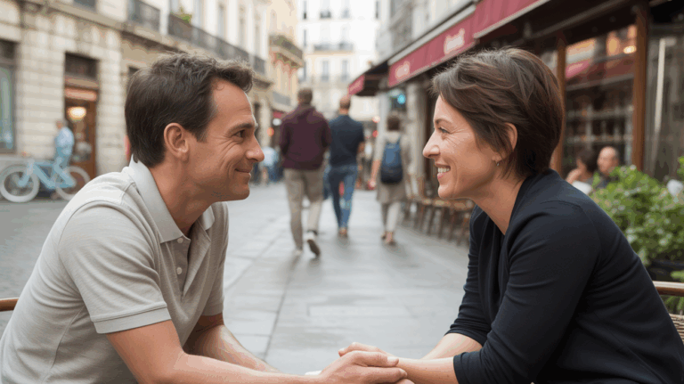 Deux personnes se rencontrent pour la première fois à la terrasse d'un café dans une rue animée, ambiance naturelle et réaliste.