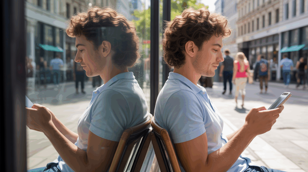 Scène réaliste dans un café urbain où deux personnes utilisent une application de rencontre sur leur téléphone, avec une ambiance naturelle et authentique.