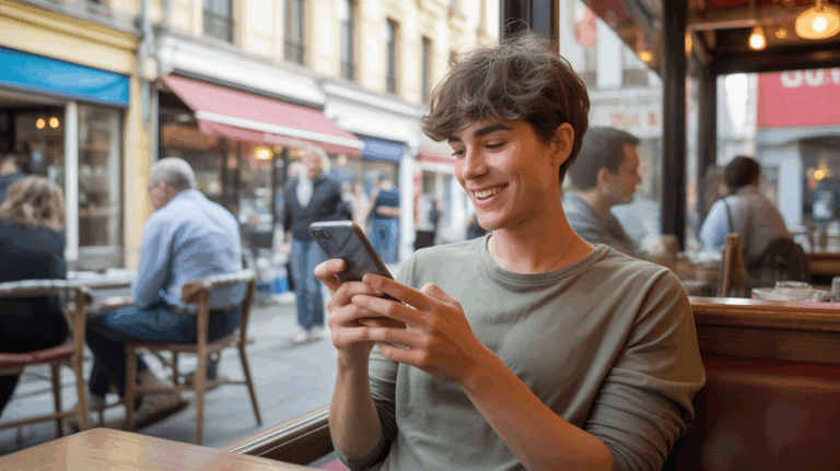 Scène réaliste d’une personne utilisant une application de rencontres dans un café chaleureux et authentique.