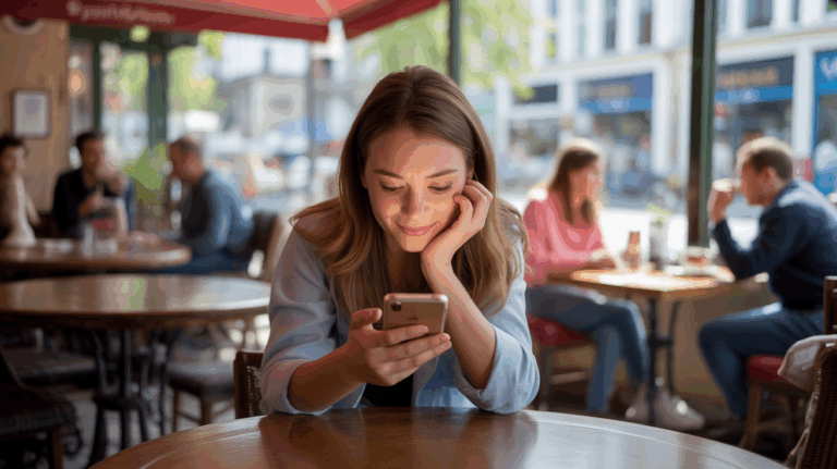 Personne réaliste dans un café envoyant un message sur son smartphone, ambiance naturelle et chaleureuse, scène authentique et vivante.