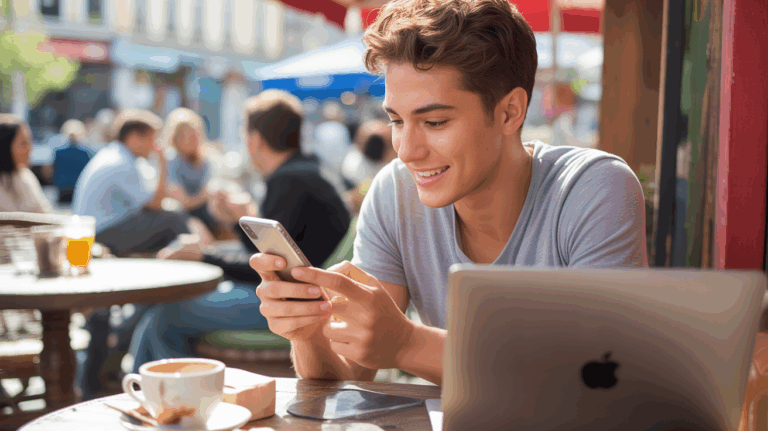 Personne dans un café utilisant son smartphone pour explorer des applications de rencontre dans une scène réaliste et naturelle