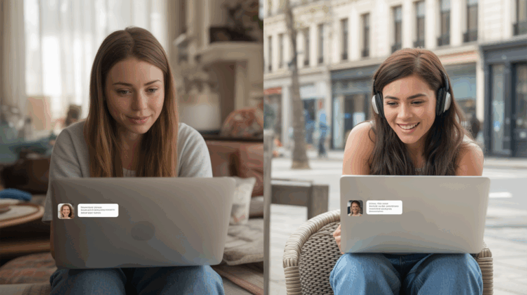 Deux amis discutant en ligne depuis des environnements réels et naturels, montrant une connexion authentique malgré la distance.