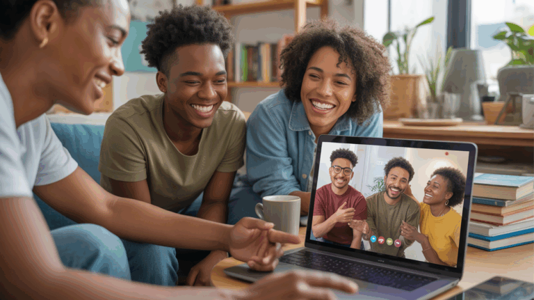 Scène réaliste montrant des jeunes adultes discutant de leurs passions via un appel vidéo dans un intérieur chaleureux et authentique.