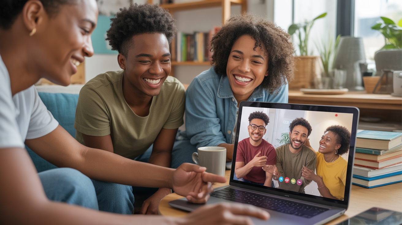 Scène réaliste montrant des jeunes adultes discutant de leurs passions via un appel vidéo dans un intérieur chaleureux et authentique.