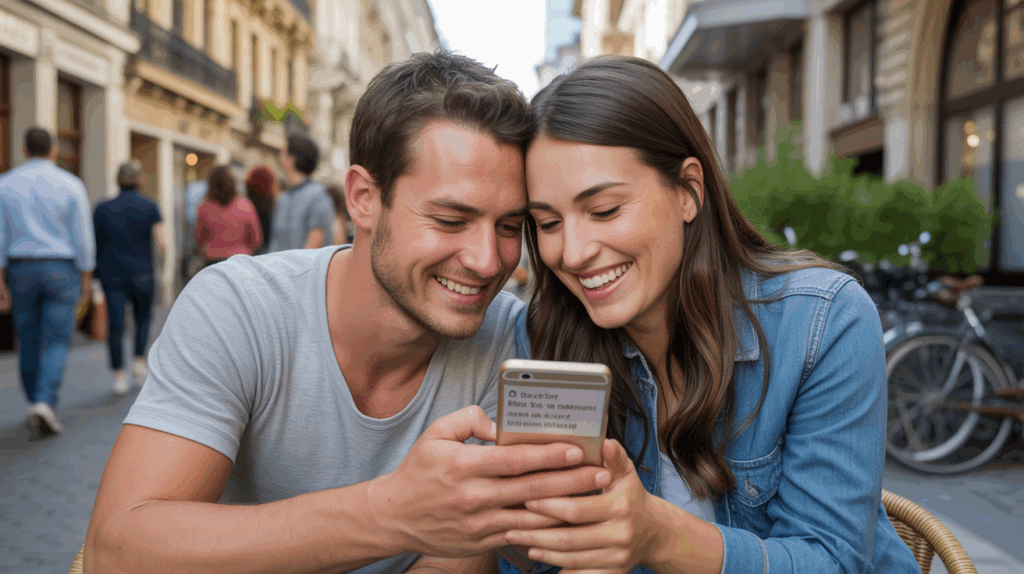 Couple réaliste assise à un café en plein air, partageant un moment complice en regardant un téléphone représentant leur relation née en ligne.