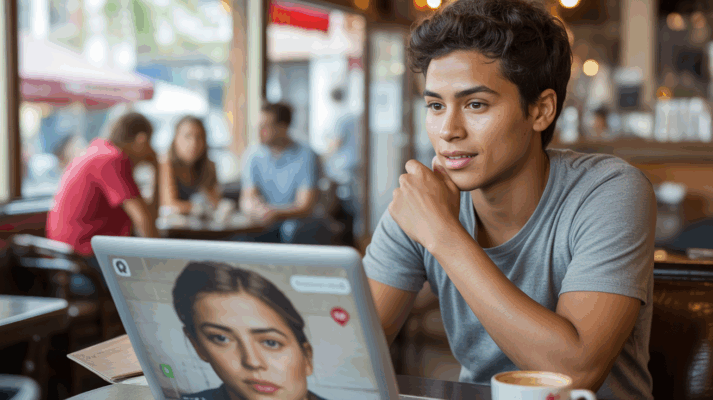 Scène réaliste d’une personne dans un café analysant un profil de rencontre en ligne avec un air réfléchi, ambiance naturelle et authentique.