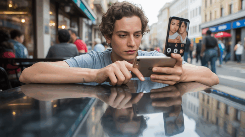 Jeune adulte en terrasse consultant une application de rencontres avec un air pensif, observant des profils ambigus dans une scène urbaine réaliste.