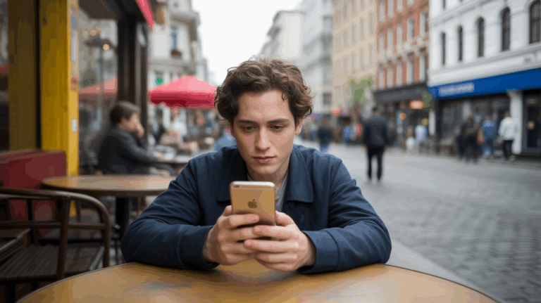 Personne assise à une terrasse de café en ville, regardant son téléphone avec un air pensif, illustrant la réalité du ghosting dans le dating en ligne.