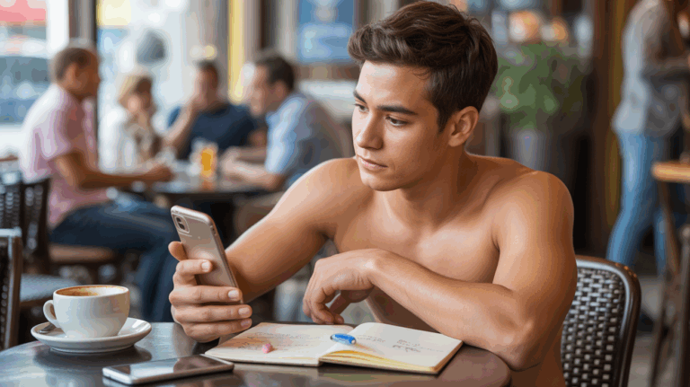 Personne en train d’écrire sa bio pour un site de rencontre dans un café réaliste et chaleureux.