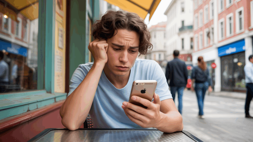 Personne dans un café regardant son téléphone avec une expression méfiante en découvrant des signes inquiétants sur une application de rencontre.