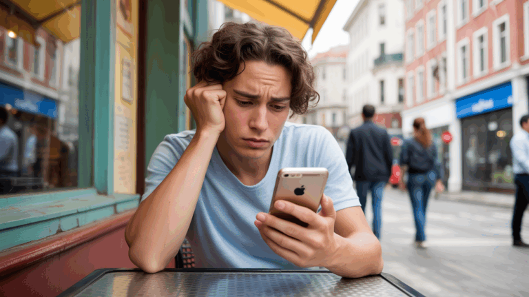 Personne dans un café regardant son téléphone avec une expression méfiante en découvrant des signes inquiétants sur une application de rencontre.