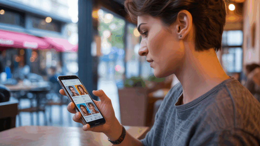 Personne assise dans un café moderne consultant des profils sur une appli de rencontre, ambiance chaleureuse et réaliste.