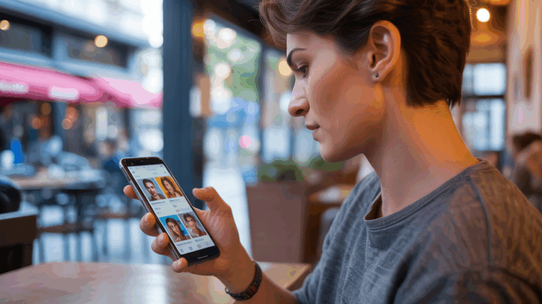 Personne assise dans un café moderne consultant des profils sur une appli de rencontre, ambiance chaleureuse et réaliste.