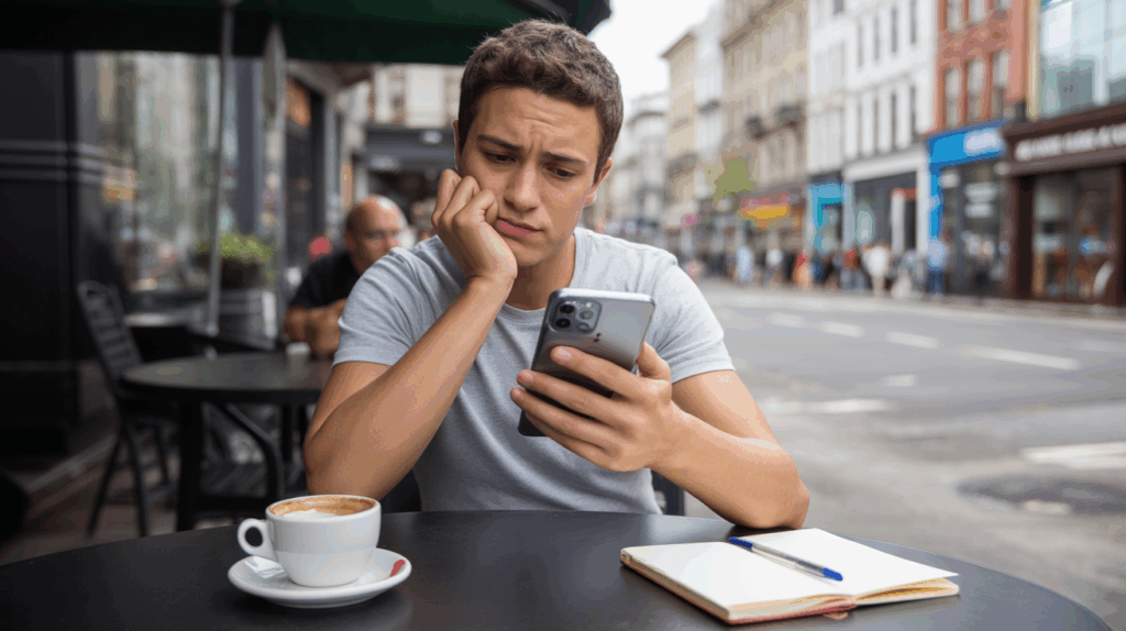 Personne réfléchissant dans un café extérieur avec un téléphone à la main, symbolisant la recherche de clarté dans les rencontres en ligne.