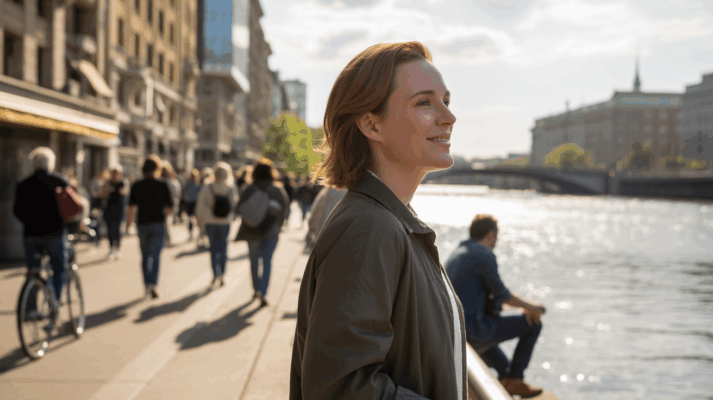 Personne souriante retrouvant confiance lors d’une promenade au bord d’une rivière en ville au coucher du soleil.
