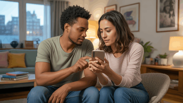 Un couple discutant calmement dans un salon réaliste, partageant un moment de confiance autour d’un smartphone.