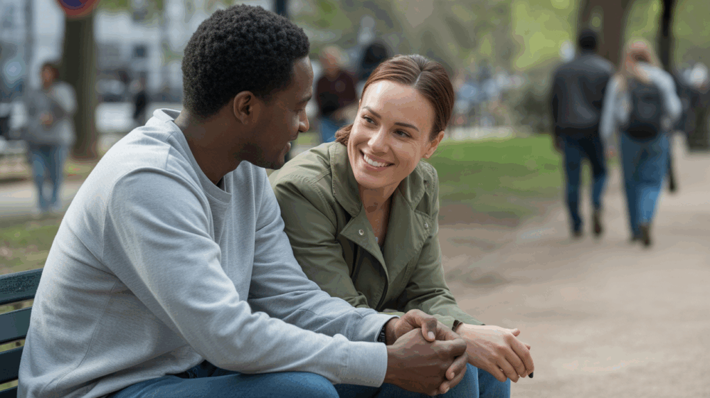 Scène réaliste d’un couple discutant sur un banc de parc au soleil couchant, exprimant une connexion authentique.