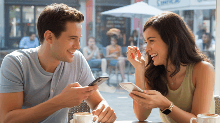 Deux personnes discutant sur leur téléphone dans un café ensoleillé, échangeant sourires et signes de complicité dans une scène réaliste et naturelle.