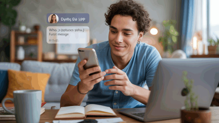 Personne assise dans un salon lumineux créant un profil de rencontre sur son téléphone dans une scène réaliste et naturelle.