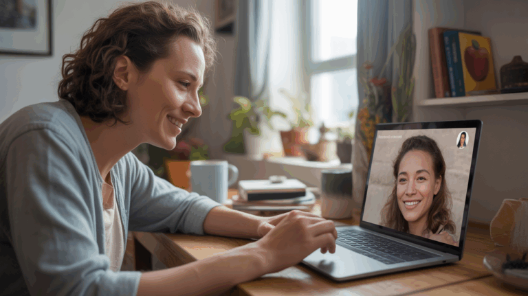 Scène réaliste d’une personne écrivant un message romantique sur un ordinateur dans un appartement chaleureux et authentique.