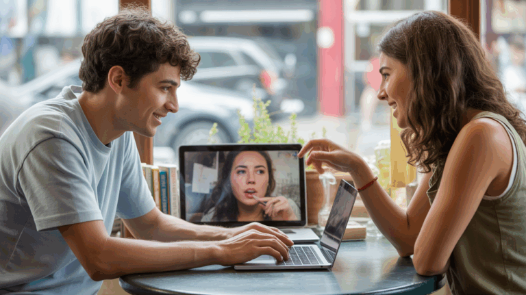 Deux jeunes adultes se connectent en ligne avec naturel et authenticité, l’un dans un café et l’autre en visioconférence, exprimant une connexion sincère et respectueuse.
